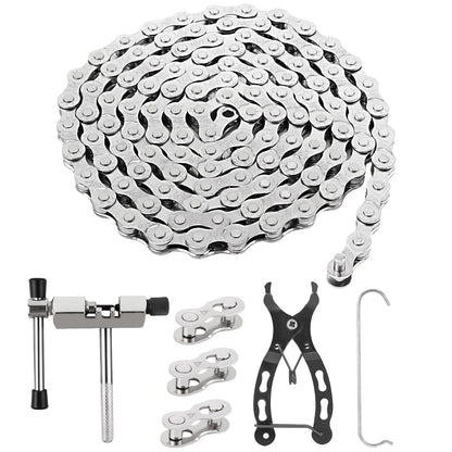 ROSE KULI Bike Chain - 6/7/8 Speed Bike Chain 1/2 x 3/32 Inch 116 Links, bike chain tool set with chain link pliers, chain breaker, and 4 pairs of chain links.