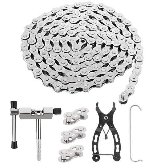 ROSE KULI Bike Chain - 6/7/8 Speed Bike Chain 1/2 x 3/32 Inch 116 Links, bike chain tool set with chain link pliers, chain breaker, and 4 pairs of chain links.