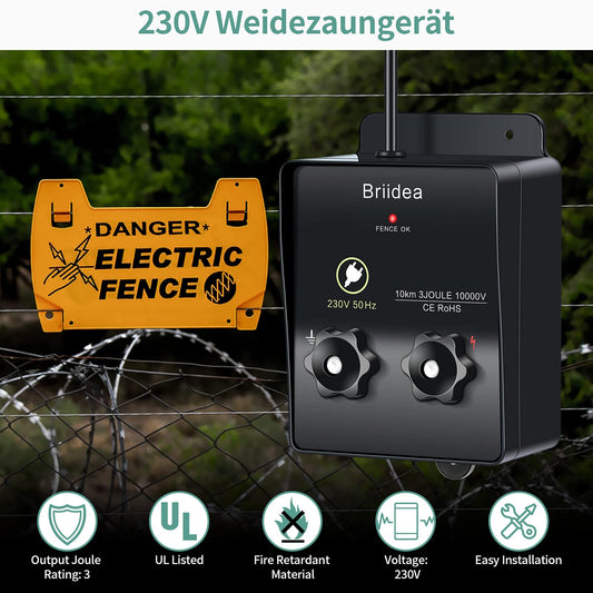230V electric fence energizer, Briidea 6.2 miles electric fence energizer for dog fence, livestock fence, squirrel, used for gardens, chicken coops, Easy installation, 3 Joules