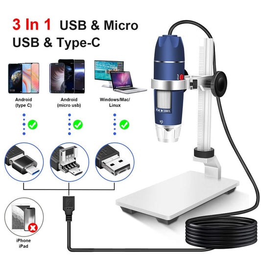 Jiusion HD 2MP USB Digital Microscope 40-1000X Portable Magnification Endoscope Camera with 8 LEDs Stable Aluminum Alloy Stand for OTG Android Mac Windows 7 8 10 11 Linux