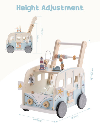 ROBUD wooden baby walker, multifunctional with wheels and building block toys, activity center set. Perfect gift for toddlers aged 10 months to 1-2 years.