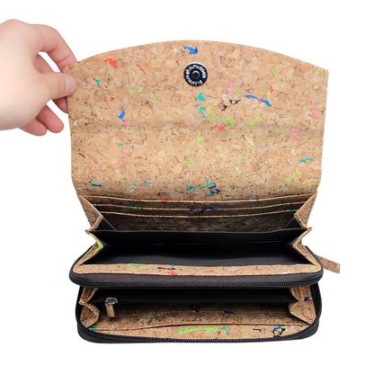 Boshiho cork wallet for women, sustainable vegan purse made from large cork with zipper. Features multiple compartments, ideal vegan gift.