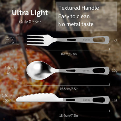 OUTXE Titanium camping utensil set 3-piece polished titanium spoon-fork-knife combo and neoprene case, lunchbox cutlery set and travel utensil.