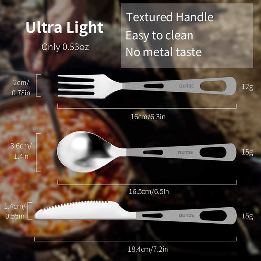 OUTXE Titanium camping utensil set 3-piece polished titanium spoon-fork-knife combo and neoprene case, lunchbox cutlery set and travel utensil.