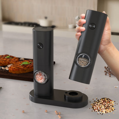 IraXpro Electric Salt and Pepper Grinder 2 Pack with Base, LED Light, Battery Operated, Ceramic Grinding Mechanism with Adjustable Coarseness, Salt and Pepper Grinder for BBQ, Kitchen (Black-Battery Operated)