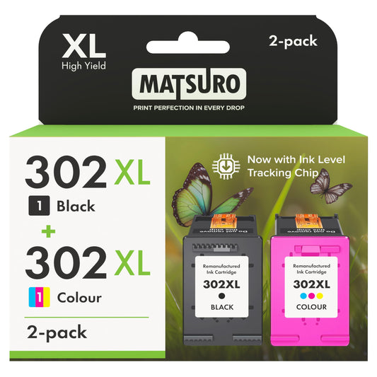 Matsuro 302XL Multipack printer cartridges replacement for HP 302 XL with chip. Compatible with HP Envy 4520 4524 4527 Deskjet 2130 3630 3636 Officejet 3830 3831 3835. Includes 1x black, 1x color.