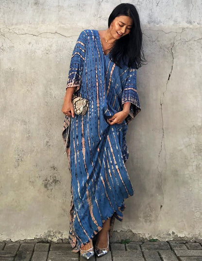 QUNERY Women's Beach Dress Elegant Long Bikini Cover Ups Beach Poncho Print Loose Kaftan Smock Summer Maxi Dress (Brown)