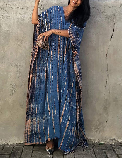 QUNERY Women's Beach Dress Elegant Long Bikini Cover Ups Beach Poncho Print Loose Kaftan Smock Summer Maxi Dress (Brown)