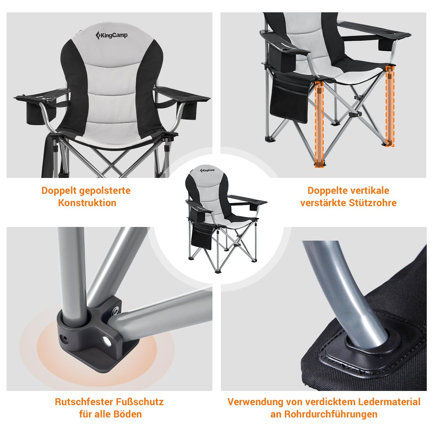 KingCamp camping chair foldable up to 160 kg, Oversized camping chair with adjustable backrest, Folding camping chair with high backrest & cooler & drink holder, Black