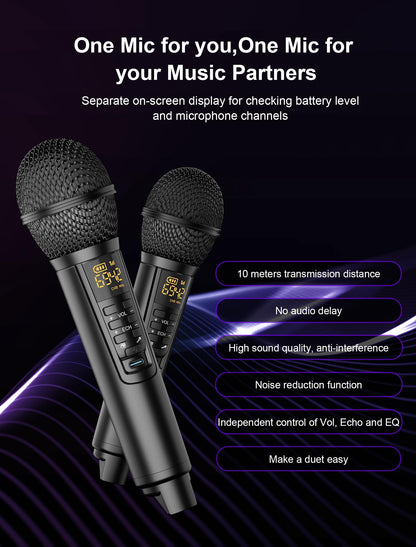 Karaoke machine for adults and kids with 2 wireless microphones, portable Bluetooth singing PA speaker system with LED lights for home parties, weddings, churches, birthday gifts.