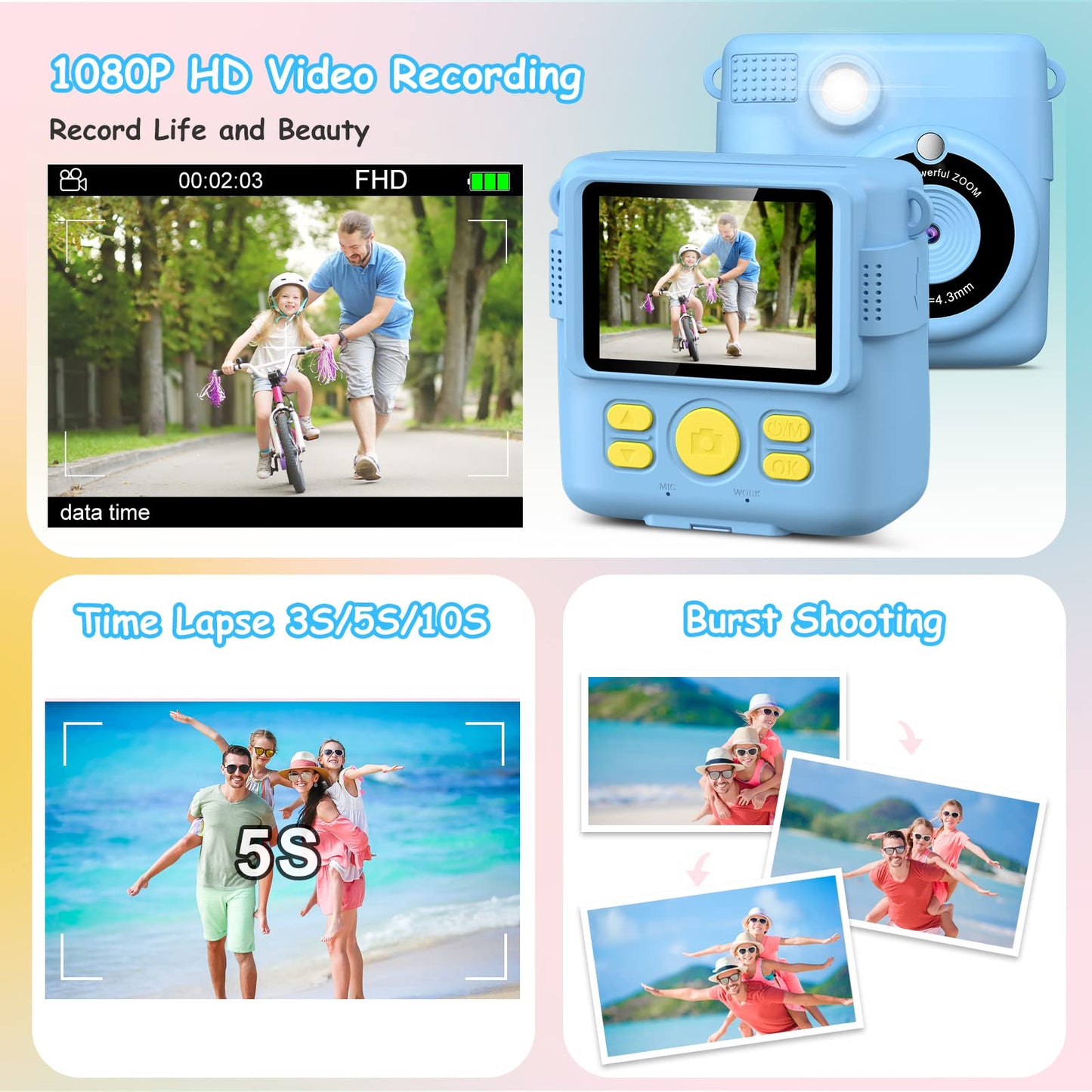 GREENKIDS Kids Camera Instant Camera, 1080P 2.4 Inch Screen Instant Camera for Kids with Printing Paper & 32GB Card, Digital Camera for Kids with Colored Pens Gift for Boy 3-12 Years