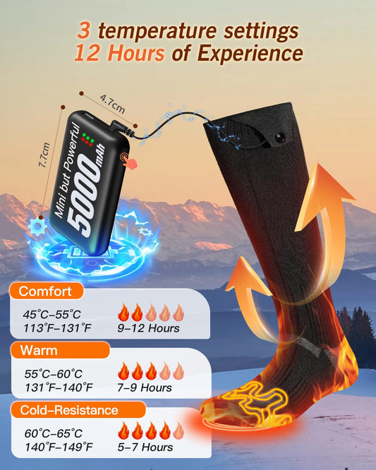 Heated socks, 5000mAh*2 Heated Socks with 3 Temperatures, 360° Large Heating Area Unisex Heated Socks with Battery, Washable Thermal Socks with USB for Skiing, Cycling, Camping, M.