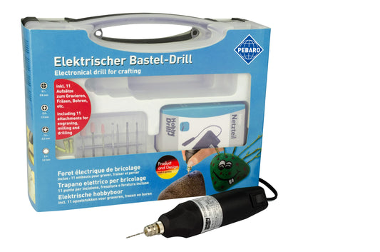 Pebaro 0508EKR Electric Craft Drill, extra powerful mini drill with ball bearing, 4 grinding pins, 3 cutters, 4 drills in case; drilling, milling, engraving, decorating, for hobbyists and professionals.