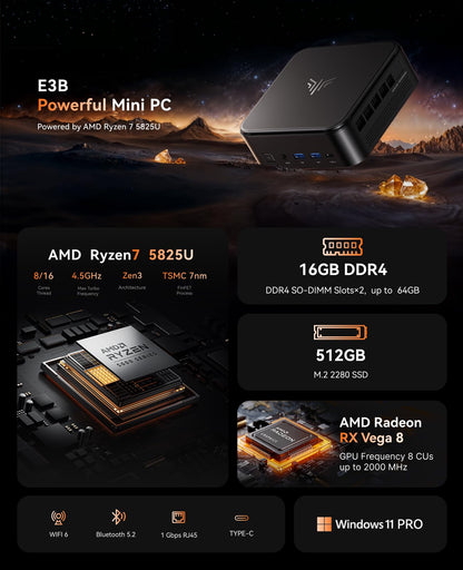 NiPoGi E3B Mini PC AMD Ryzen 7 5825U (Up to 4.5GHz) 16GB DDR4 512GB SSD with Radeon RX Vega 8 Graphics Micro Desktop Computer for Office/Home Theater/Meeting/Business/Trip |WiFi 6|BT 5.2|USB3.2