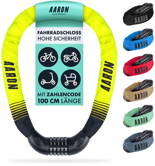 AARON Lock One bike lock with 5-digit code, steel chain, high security level | Lock for E-bike, mountain bike, trekking bike, touring bike, road bike in yellow.