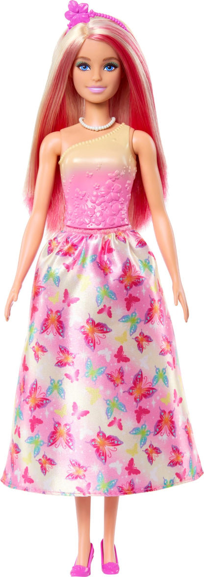 Barbie Royal Doll with imaginative hair in blond and pink, colorful accessories, pink ombre top, and butterfly-patterned skirt, HRR08.