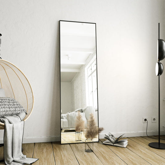 Koonmi full-body mirror, 41x127cm wall mirror with 2 adjustable hanging hooks, hanging mirror with aluminum alloy frame for wardrobe and bedroom, black