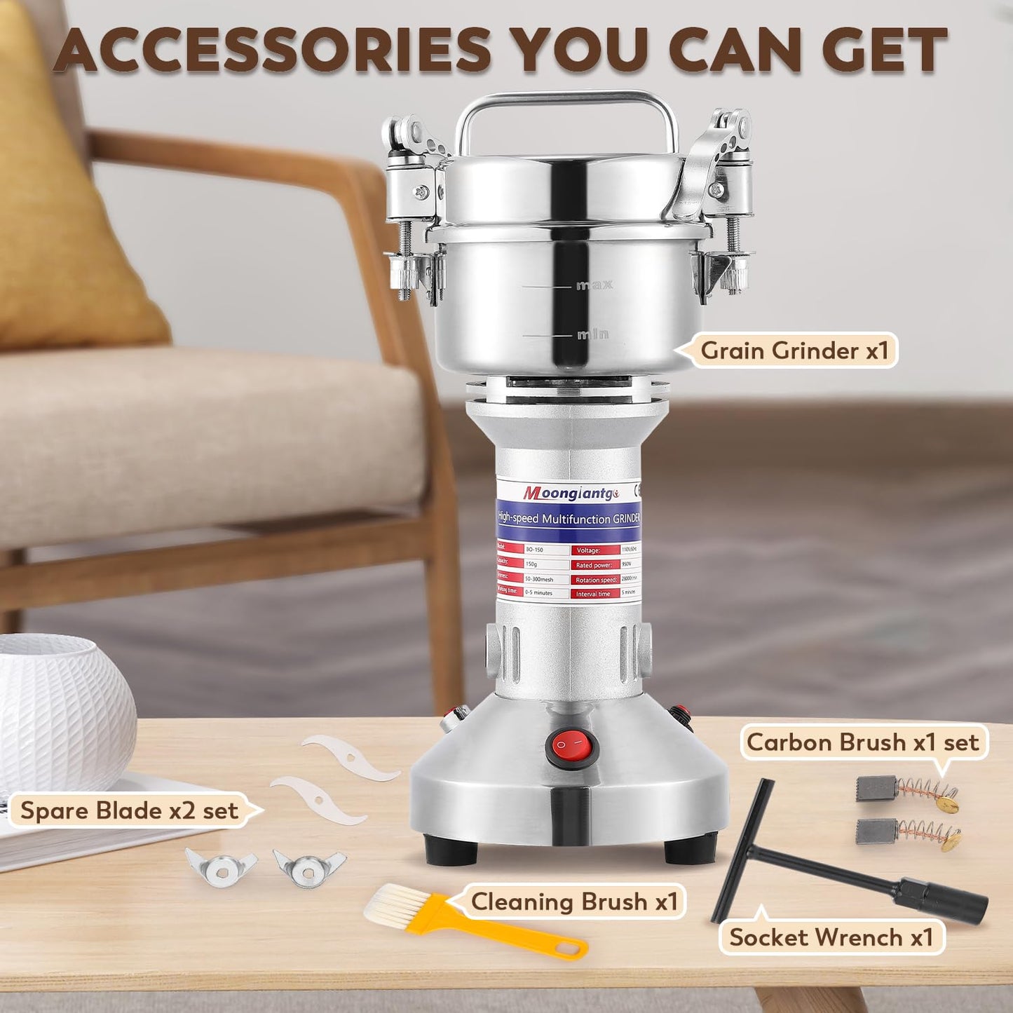 Moongiantgo Electric Grain Mill 150g, 950W Spice Grinder made of 430 Stainless Steel Commercial Powder Machine High Speed Mill for Grains, Spices, Herbs, Coffee, Corn with Overload Protection