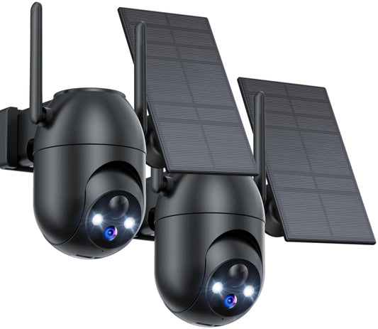 VIMKIM 2 Pack-Black Outdoor Security Camera with Battery 360 Degree WiFi Camera Solar Panel Motion Sensor Home Security Monitor Wireless IP66