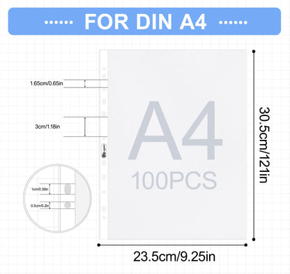 100 A4 clear plastic sleeves, stable and transparent, embossed, 160 microns. A4 document sleeves for storing papers, photos, and documents.