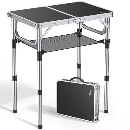 Offer camping table folding table 60x40cm aluminum frame with 3 adjustable heights 26/48/70cm picnic table with storage net portable multifunction table for camping beach balcony (black)