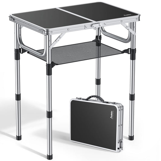 Offer camping table folding table 60x40cm aluminum frame with 3 adjustable heights 26/48/70cm picnic table with storage net portable multifunction table for camping beach balcony (black)
