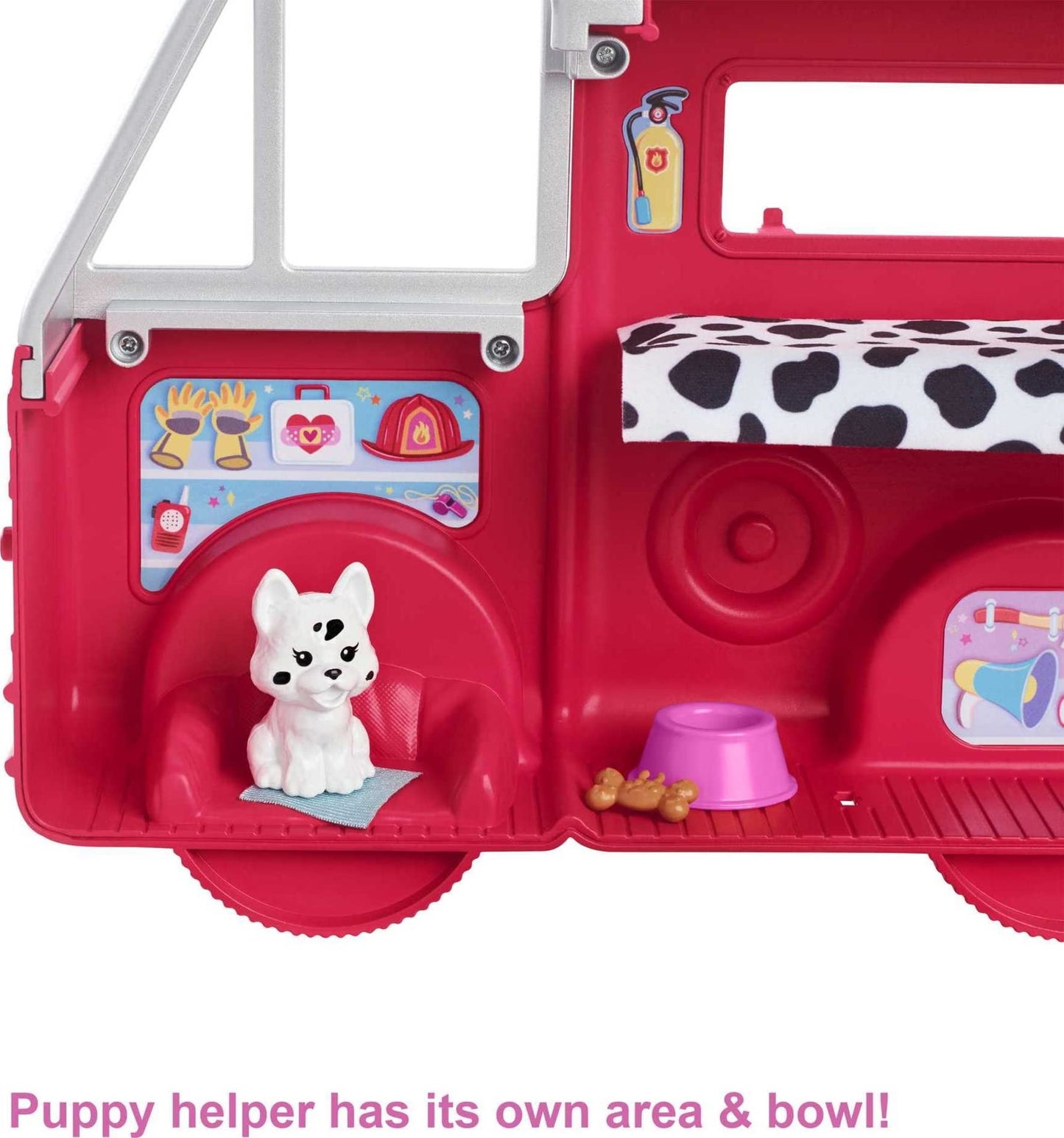 Barbie Chelsea Can Be Series, Chelsea doll with fire truck, firefighter outfit accessories, 12+ pieces including Dalmatian, gift for kids, toy for ages 3+, HCK73.