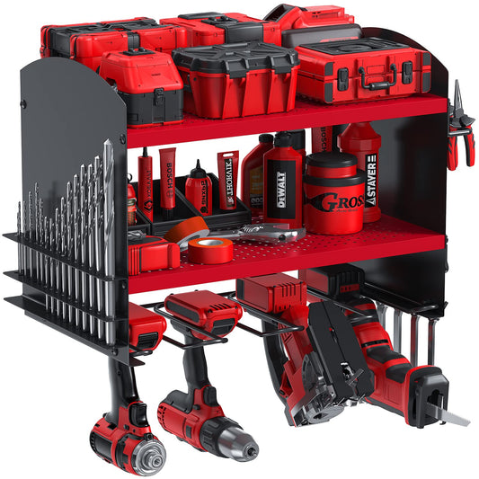 Tool storage drill holder Wall mounted cordless hammer drill 4 slots Heavy duty electric drill storage rack Screwdriver organization tool holder tool rack (Red)