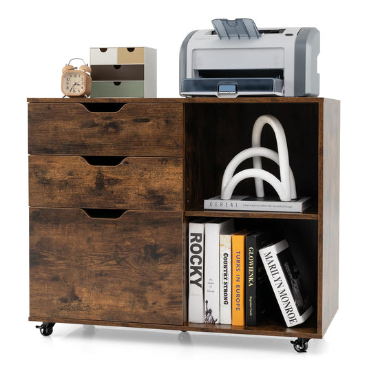 GOPLUS rolling file cabinet, mobile filing cabinet with 5 wheels, 3 drawers, and 2 open compartments, side cabinet printer stand for documents in A4, letter, & legal size (Rustic Brown)