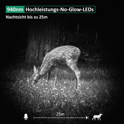 GardePro E6 trail camera with WiFi antenna, 48MP 1296P resolution, motion sensor, No Glow infrared 940nm LEDs, IP66 waterproof, H.264 video, 110° wide angle view, and WiFi mobile data transfer.