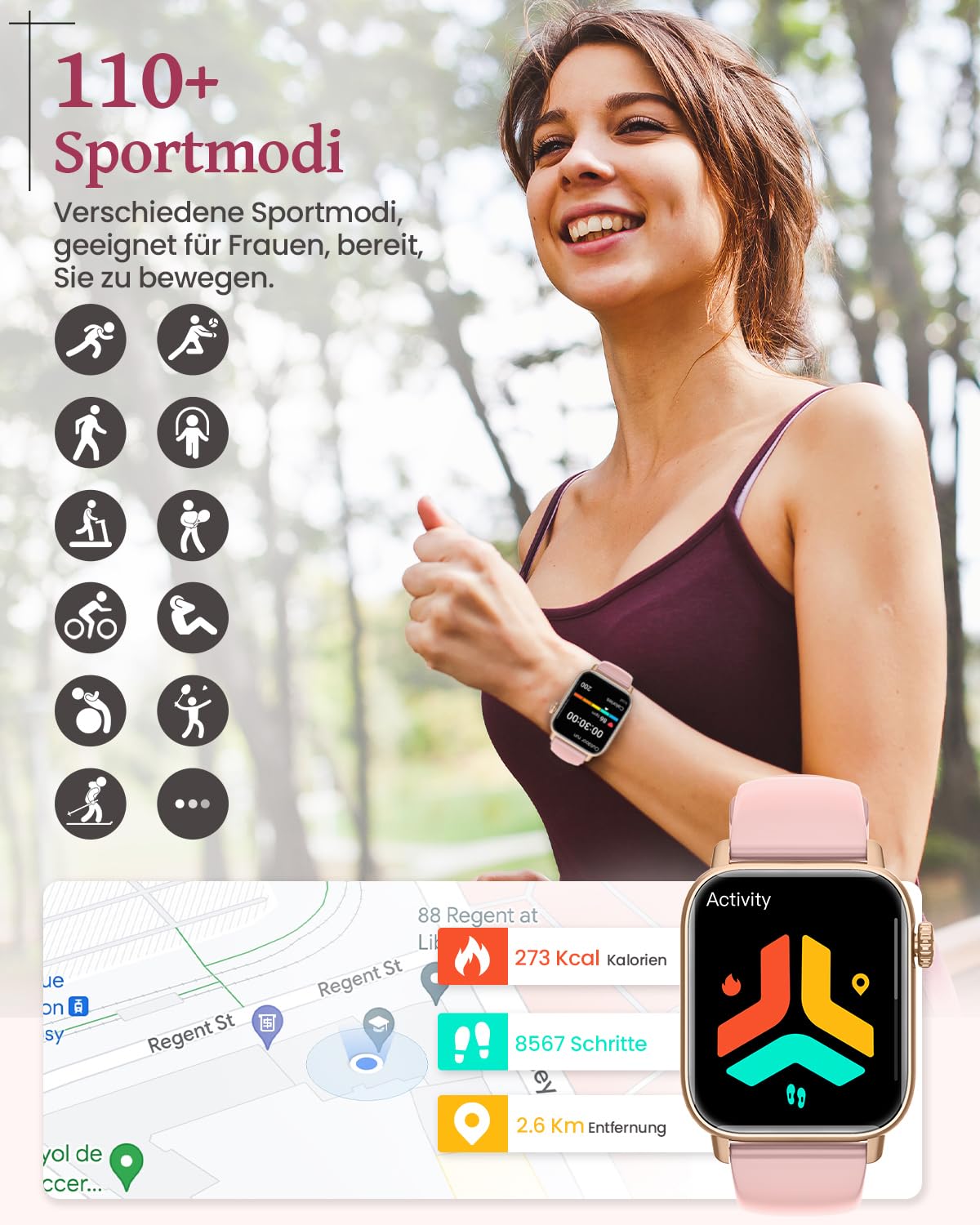 SWGOTA Women's Smartwatch with phone function, 1.83" fitness tracker heart rate monitor sleep tracker step counter SpO2 menstrual cycle, 113 sports modes IP68 waterproof sports watch for women iOS Android Gold