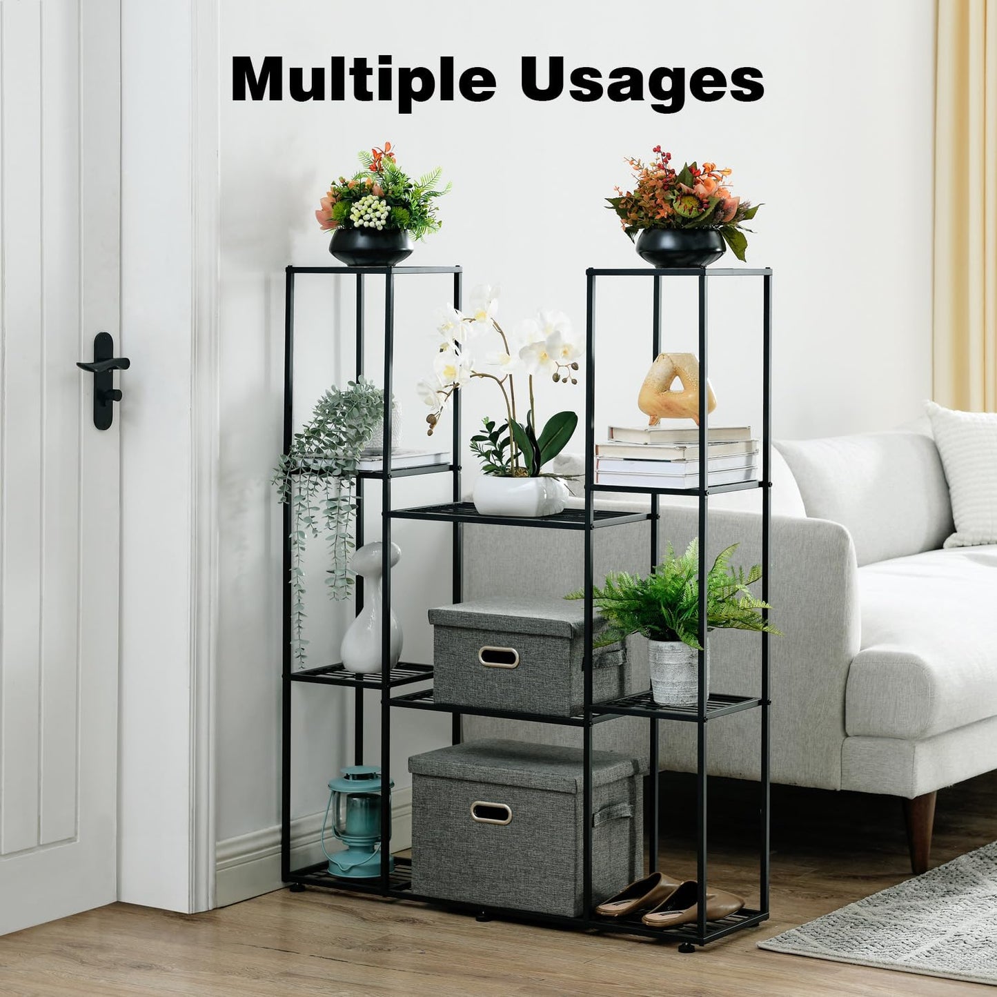 HUSFITLY metal flower rack, 4 tiers, 11 pots plant stand indoor outdoor, 120cm high waterproof flower stand, multi-tiered plant stand for garden balcony living room courtyard, black