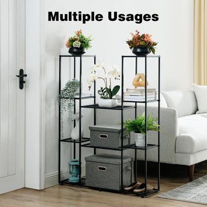 HUSFITLY metal flower rack, 4 tiers, 11 pots plant stand indoor outdoor, 120cm high waterproof flower stand, multi-tiered plant stand for garden balcony living room courtyard, black