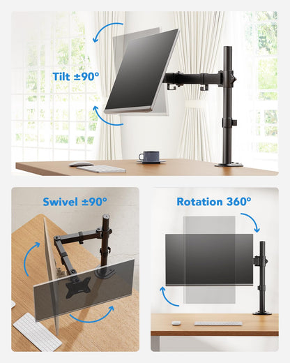 HUANUO monitor mount for 13-32 inch screens, monitor stand adjusts height, tilt, swivel, and rotate, 2 mounting options, VESA 75 & 100 mm.