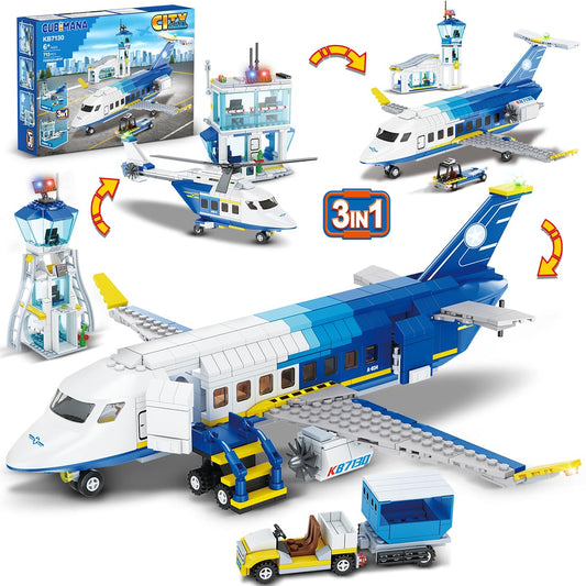 CUBIMANA City Passenger Plane Building Set, 3 IN 1 airplane building set with terminal, radar tower, luggage cart. Aircraft model building blocks toy gift for boys, girls, kids 6, 7, 8, 9+ years old.