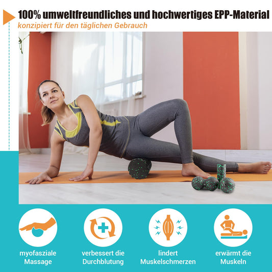 Fascia roller set, set with 3D texture massage fascia roller, mini fascia roller, fascia ball, and duo ball. Fascia set for training muscles, connective tissue, and metabolism, with training posters.