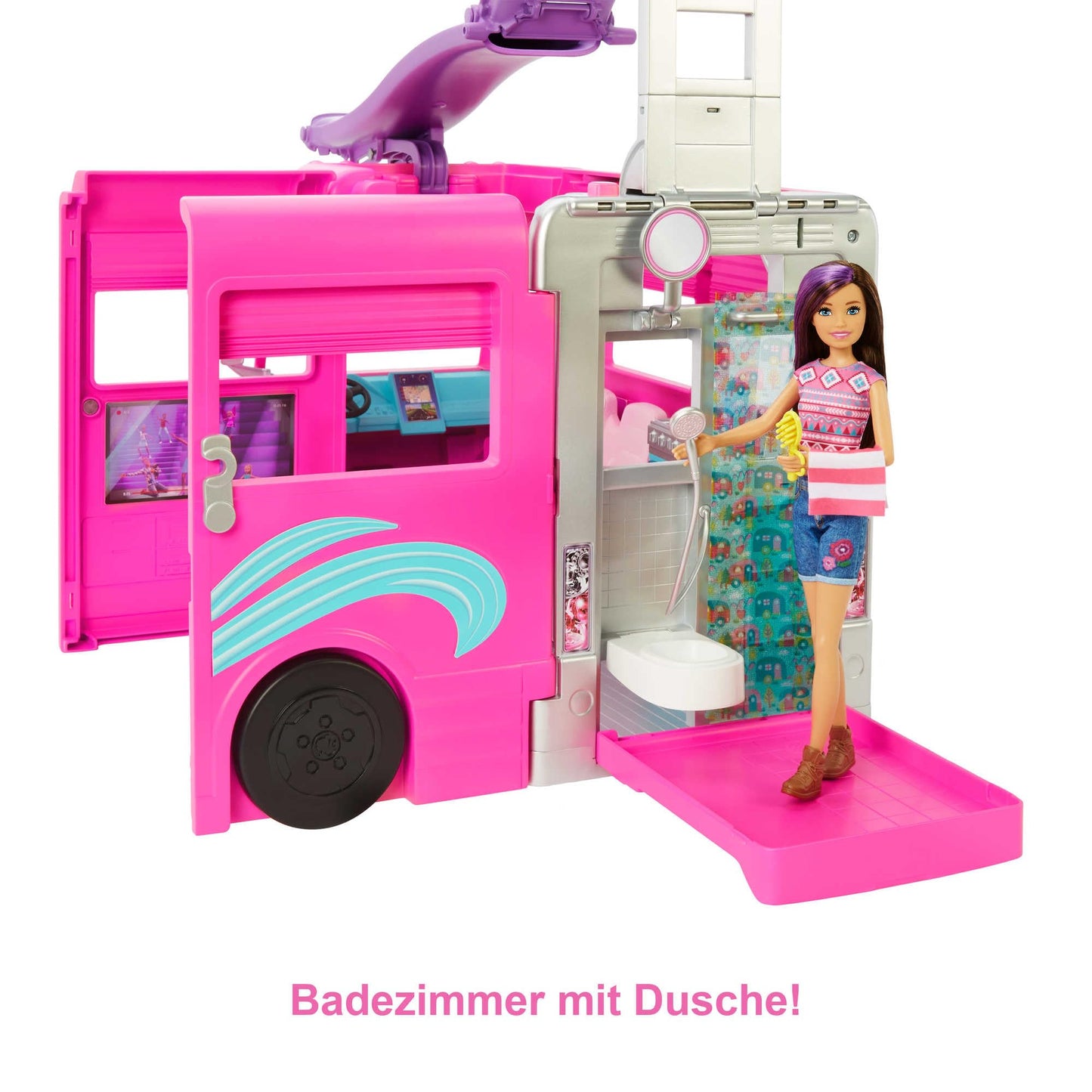 Barbie Super Adventure Camper Vehicle, with 7 play areas, including pool and slide, 60 camping accessories, doll, gift, suitable for ages 3 and up, HCD46.