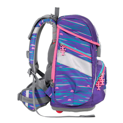 Step by Step School Bag Set 2IN1 Plus Reflect "Shiny Dolphins" 6-piece, purple-blue, dolphin design, ergonomic backpack with reflectors, adjustable height with hip belt for 1st grade girls, 19L.