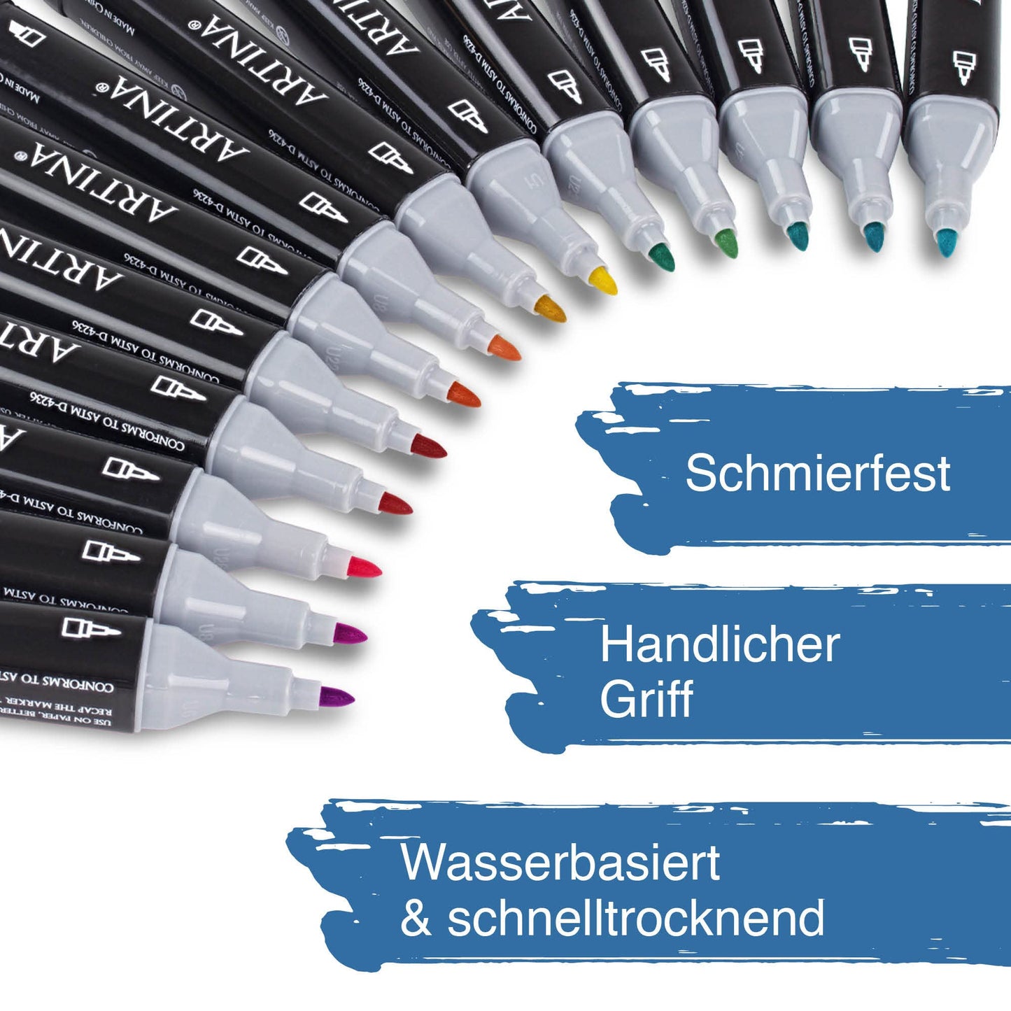 Artina 80pc Marker Set Markilo MD with 3mm & 6mm tips - waterproof permanent markers with intense & highly pigmented colors, felt tip set with 2 tips for scrapbooking, bullet journaling, manga.