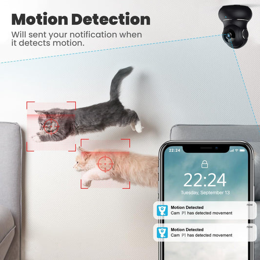 litokam Little Elf Surveillance Camera, 2K Baby Monitor Camera with Motion Detection, WiFi Camera Surveillance Indoors with Night Vision, 360° Dog Camera with APP 2-Way Audio, for SD & Cloud Storage