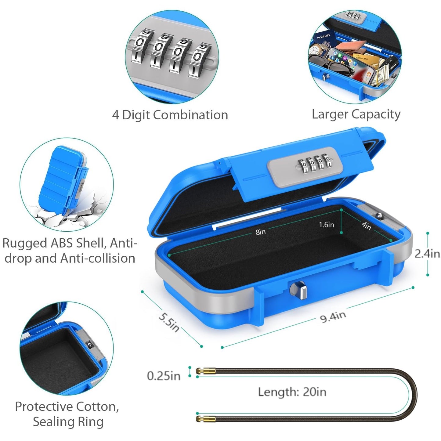 ORIA Portable Safe with Combination Lock, Key Safe Security Box Outdoor Safety Vault, with Removable Wire Rope, Waterproof Key Safe with Combination, for Travel, Beach, Camping - Blue