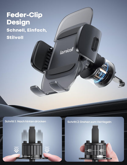 Lamicall car phone mount, mobile phone car mount - [2025 spring clip] Universal air vent phone holder car, 360-degree vent car holder for iPhone 17/16/15/14/13/12 Pro Max Plus, Air, 4-7 inch smartphone.