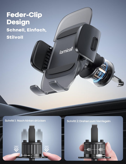 Lamicall car phone mount, mobile phone car mount - [2025 spring clip] Universal air vent phone holder car, 360-degree vent car holder for iPhone 17/16/15/14/13/12 Pro Max Plus, Air, 4-7 inch smartphone.