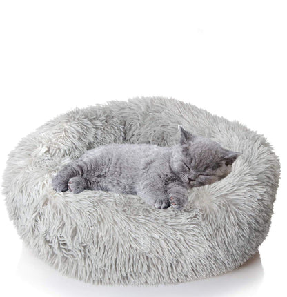 Wuudi bed for cat, dog cushion fluffy cat bed set with blanket, round cat bed plush dog bed 2 pieces soft warm pet bed + pet blanket for cats and small (light gray)