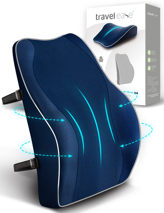 Travel Ease ergonomic back cushion made of memory foam, lumbar pillow for office chair, desk chair, with antistatic, skin-friendly cover and for a comfortable sitting position (navy blue)