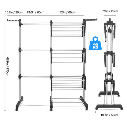 johgee 2 in 1 laundry rack tower, extendable length 66-130 cm, with 6 foldable wings on 3 levels, foldable drying rack for large families