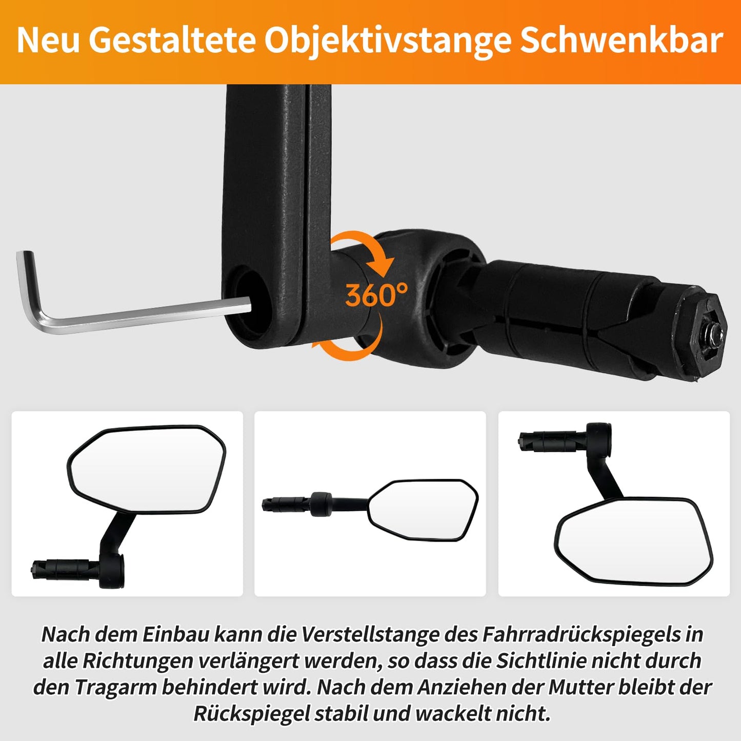 Homieway bike mirror, New adjustable bike rearview mirror with controlled extension direction, Real glass 360° rotating bike handlebar mirror, Foldable bike mirror for e-bike handlebars on the right side.