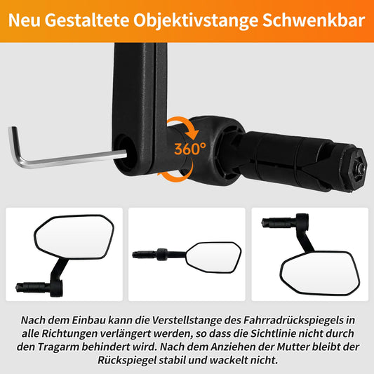 Homieway bike mirror, New adjustable bike rearview mirror with controlled extension direction, Real glass 360° rotating bike handlebar mirror, Foldable bike mirror for e-bike handlebars on the right side.