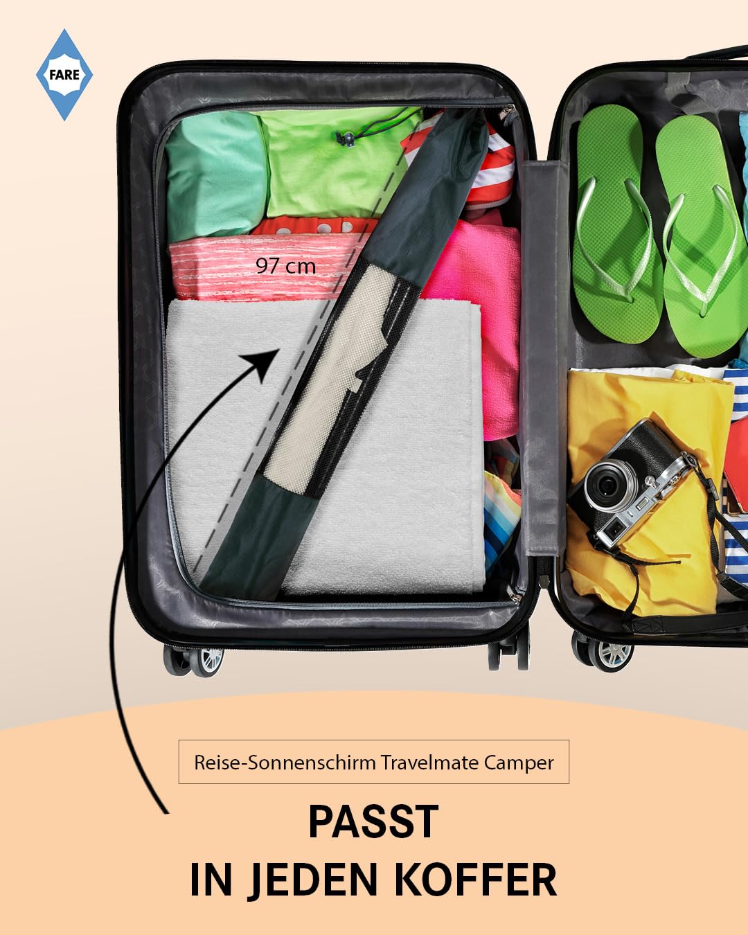 FARE Travel Sun Umbrella Travelmate Camper - Lightweight & Compact, UV Protection UPF50+, Ideal for Travel, Beach, Outdoor & Camping - Can also be used as a umbrella