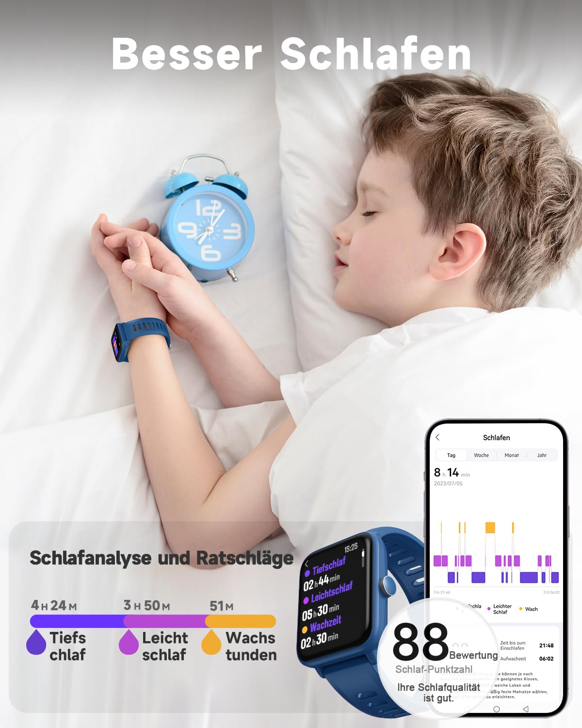 BIGGERFIVE Smartwatch for Kids, Fitness Tracker Watch with Pedometer, 24/7 Heart Rate Monitor, 5ATM Waterproof, Sleep Monitor, Alarm, Puzzle Games, 1.5" HD Touchscreen for Boys Girls Aged 3-14